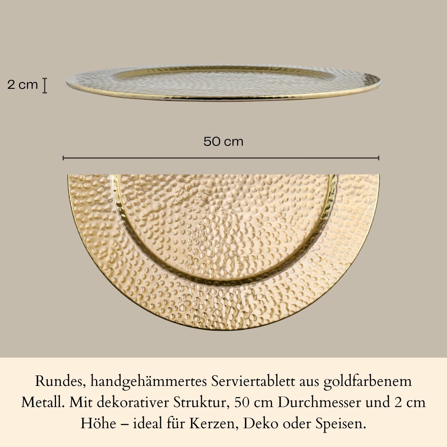 Design-Serviertablett Nizza handgefertigt aus Aluminium in Gold 50 cm