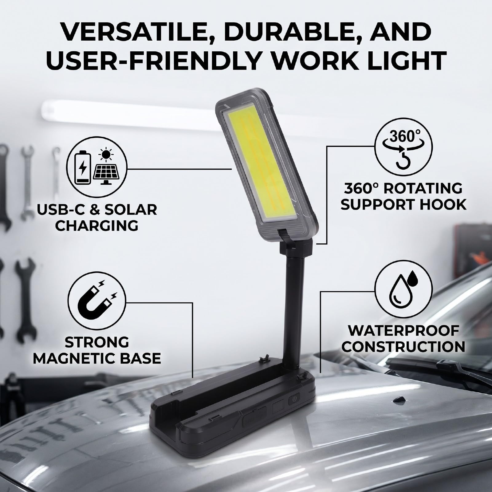 Fabater LED Arbeitsleuchte, USB C Ladefunktion, Solarladung for Werkstatt