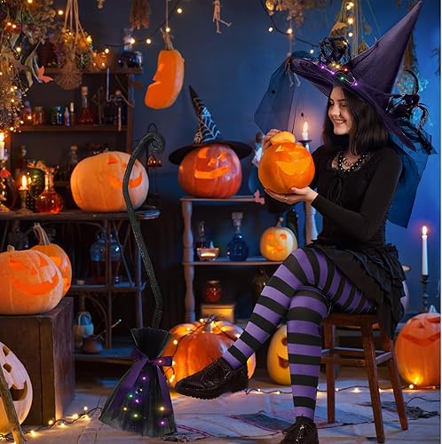 Miniatura 6 de 3 piezas de disfraz de bruja brillante de Halloween, sombrero de bruja brillante, escoba a rayas ajustadas para mujer, bruja cosplay, fiesta de