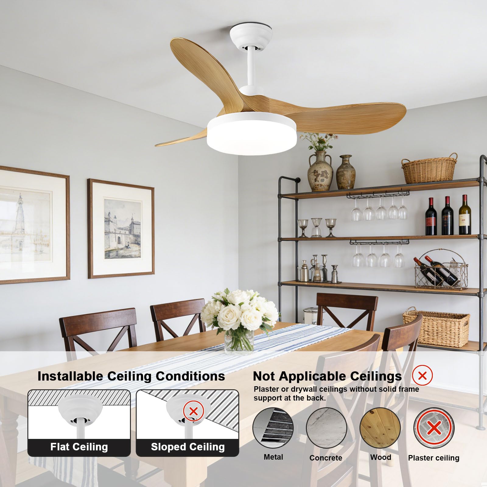 Ventilador de Techo Moderno Blanco con Detalles en Madera Clara, silencioso, con luz LED Regulable, Control Remoto Inteligente (por aplicación o Voz), 6 velocidades, Ideal para dor