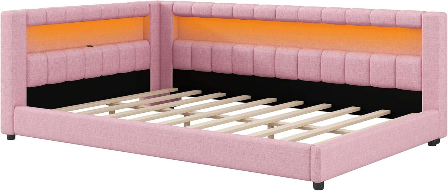 Merax Modern Upholstered Platform Bed Frame with USB Ports, Full XL Floor Sofa Day Bed with Storage Headboard, No Box Spring Needed/Easy Assemble/Pink