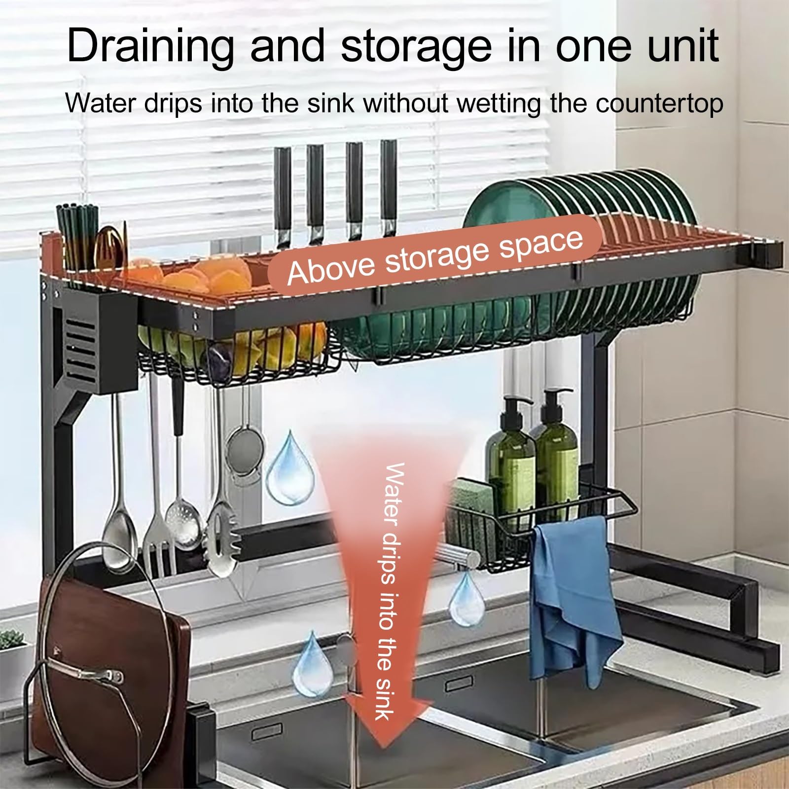 Escurridor de platos multifunción con soporte para utensilios para organizar la cocina, sostiene platos, vasos, cuencos, cubiertos