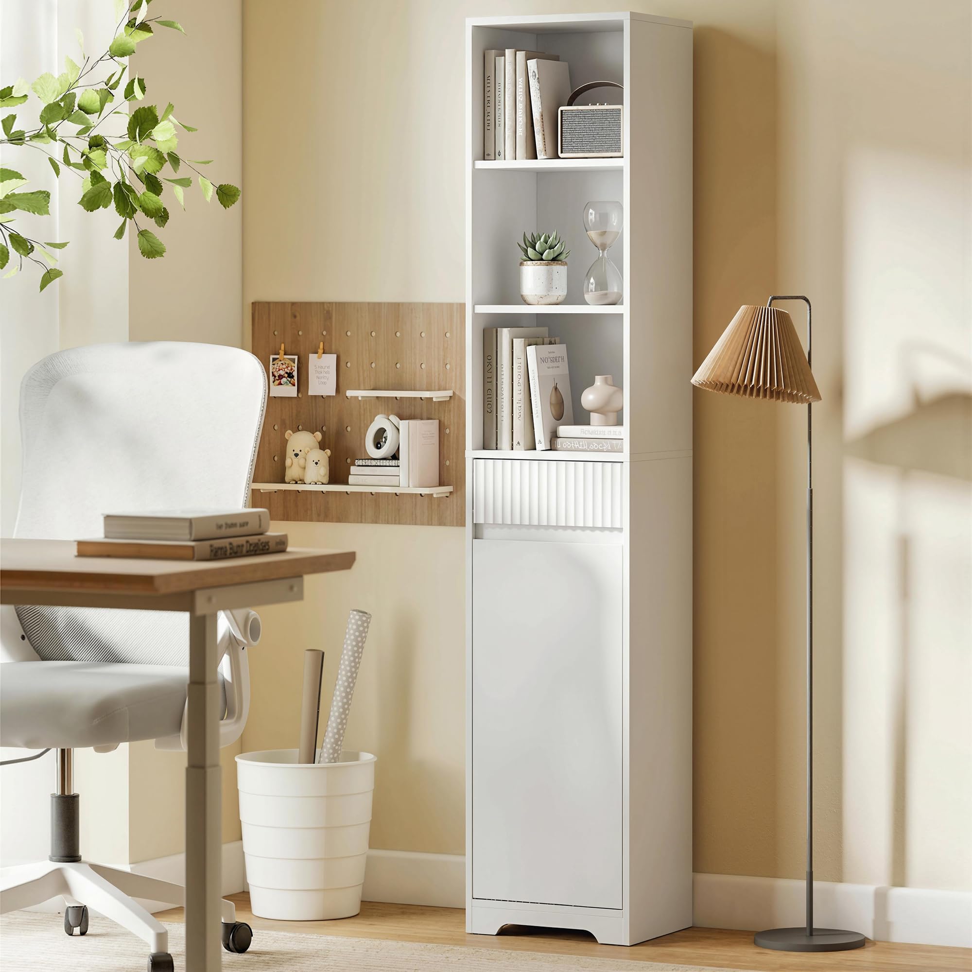 HOMCOM Mobile Bagno Alto 172cm, Armadio con Cassetto 33x30x172 cm Bianco | Mobiletto Bagno Salvaspazio, Ripiano Regolabile, Ante Soft Close, Scomparto Aperto, per Lavanderia