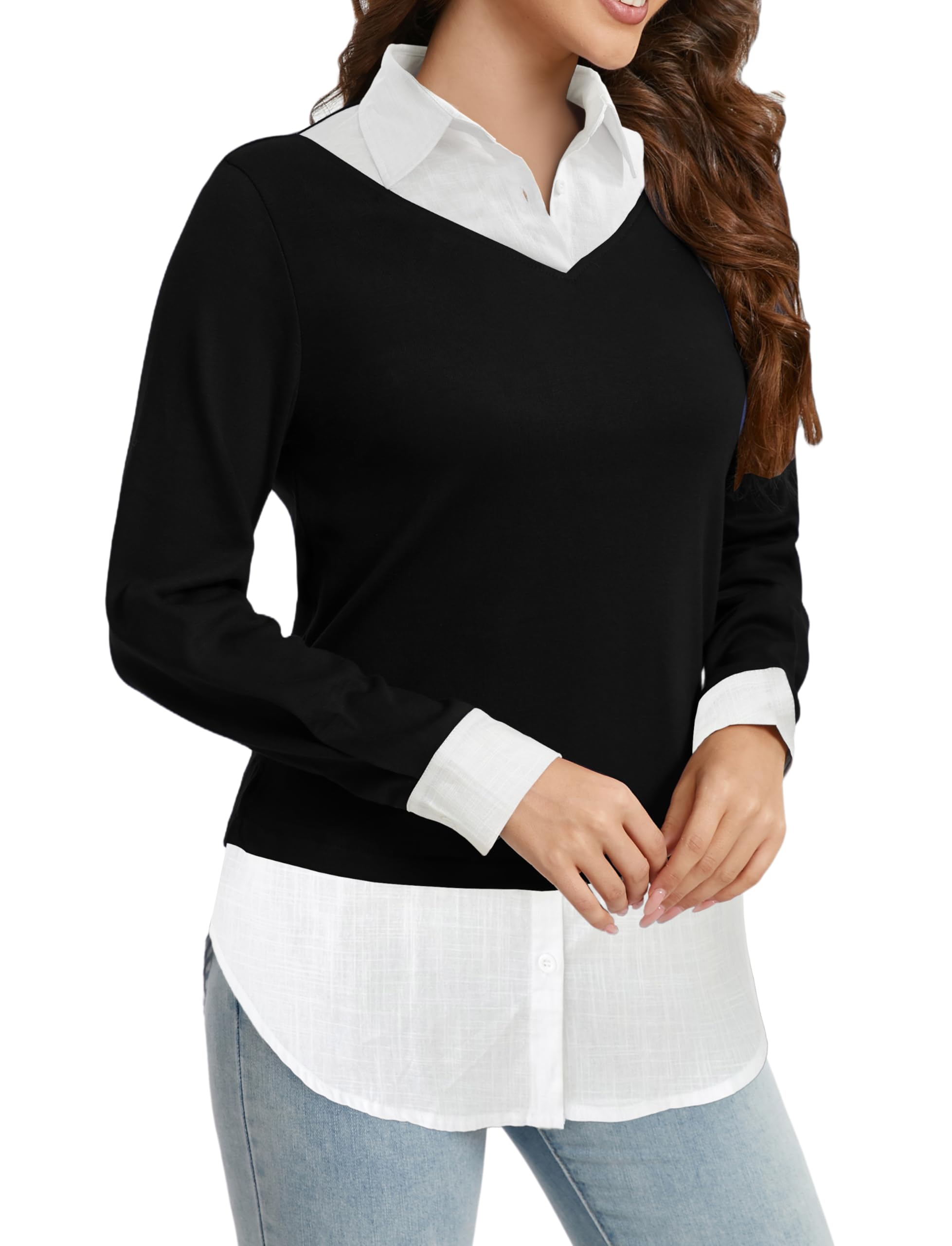 Oyamiki Maglia a maniche lunghe da donna in cotone con colletto camicia, blocco di colore, scollo a V, casual, elegante, per autunno e inverno