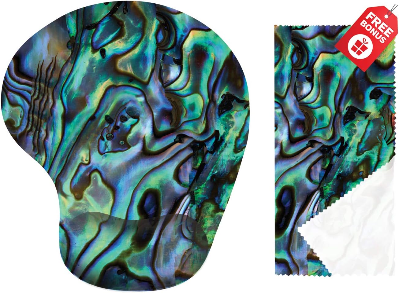 Green Abalone Seashell Ergonomic Design Cute Mouse Pad with Wrist Support. Gel Hand Rest. Matching Microfiber Cleaning Cloth for Glasses & Electronics. Pretty Mouse Pad for Laptop, PC Computer & Mac
