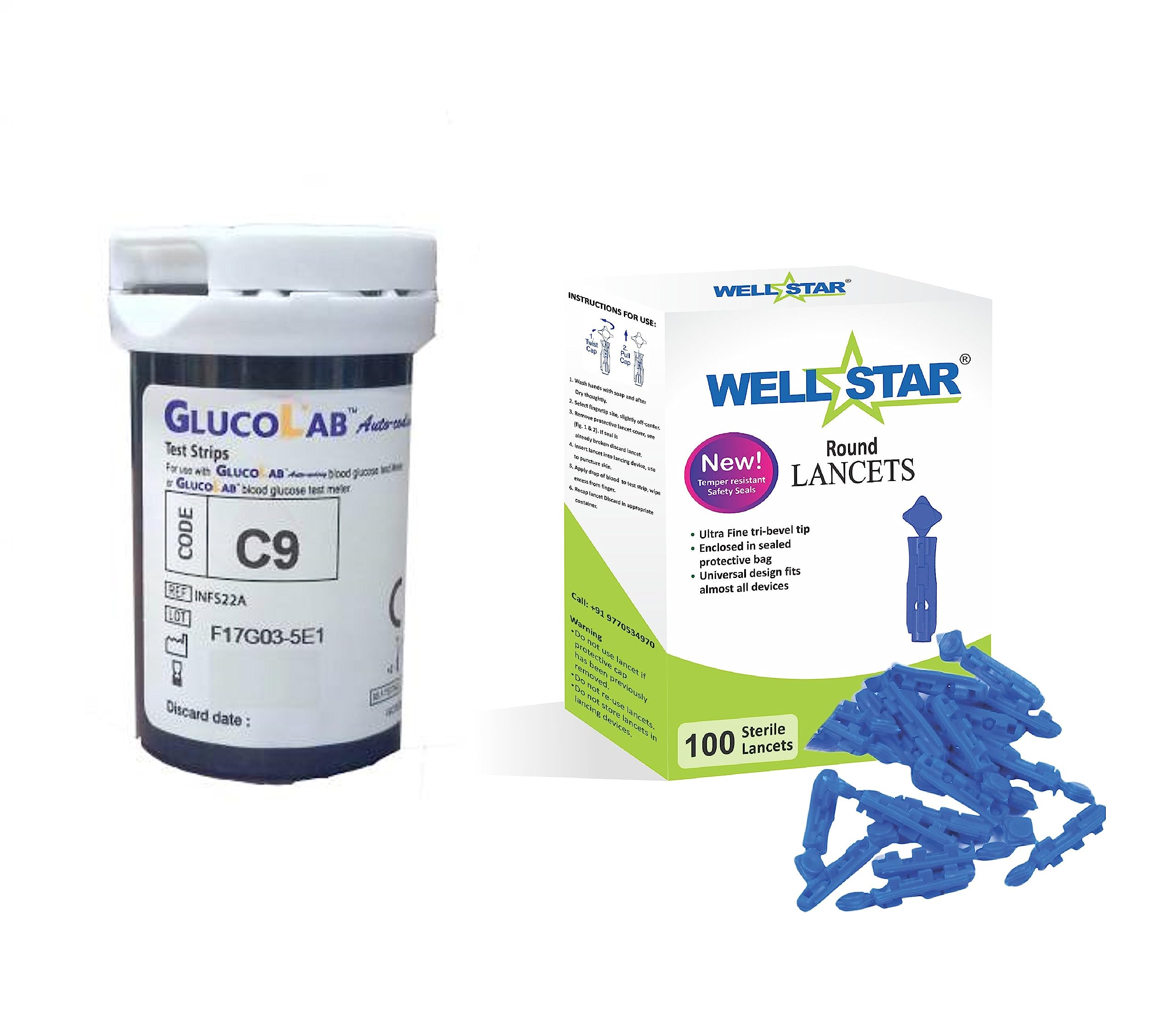 WELLSTAR 100 ROUND Glucometer Lancets�with GLUCOLAB Test Strips-image-2