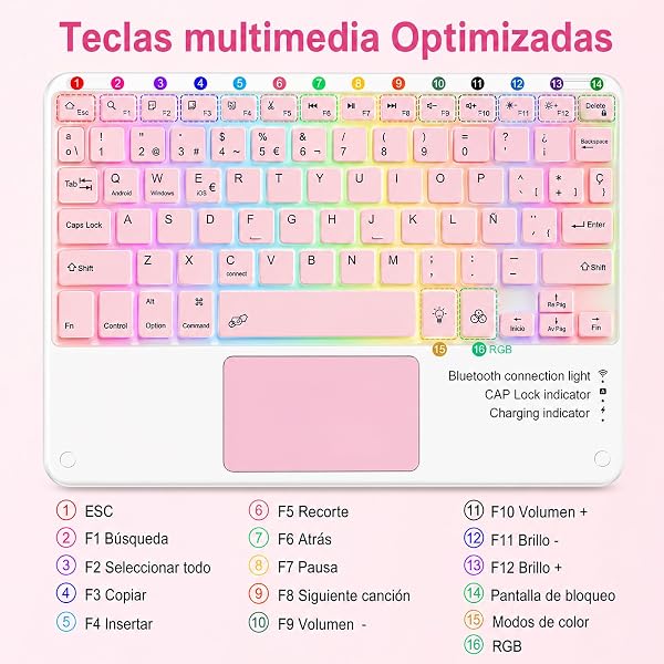 Teclado Bluetooth con Touchpad para iPad,Teclado Español Ñ Inalámbrico Retroiluminado para Tablets,Android,iOS y Windows,Teclado con 7 Colores Recargable Portátil QWERTY para iPad,Samsung,Huawei - 4