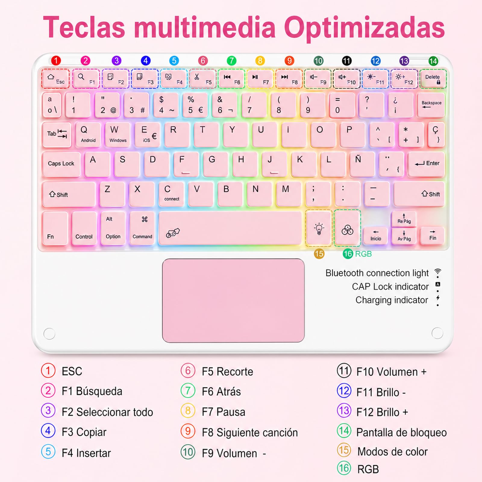 Teclado Bluetooth con Touchpad para iPad,Teclado Español Ñ Inalámbrico Retroiluminado para Tablets,Android,iOS y Windows,Teclado con 7 Colores Recargable Portátil QWERTY para iPad,Samsung,Huawei