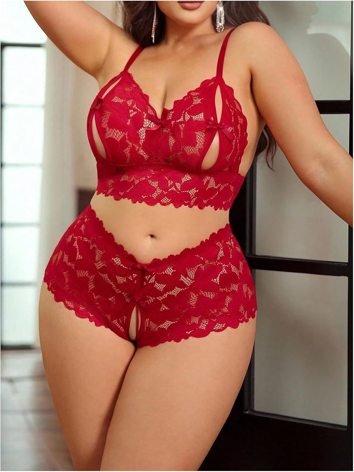 SOLY HUX Women's Plus Size Lace Lingerie Set Cut Out Wireless Bra and Boyshorts Underwear Sets - Image 4