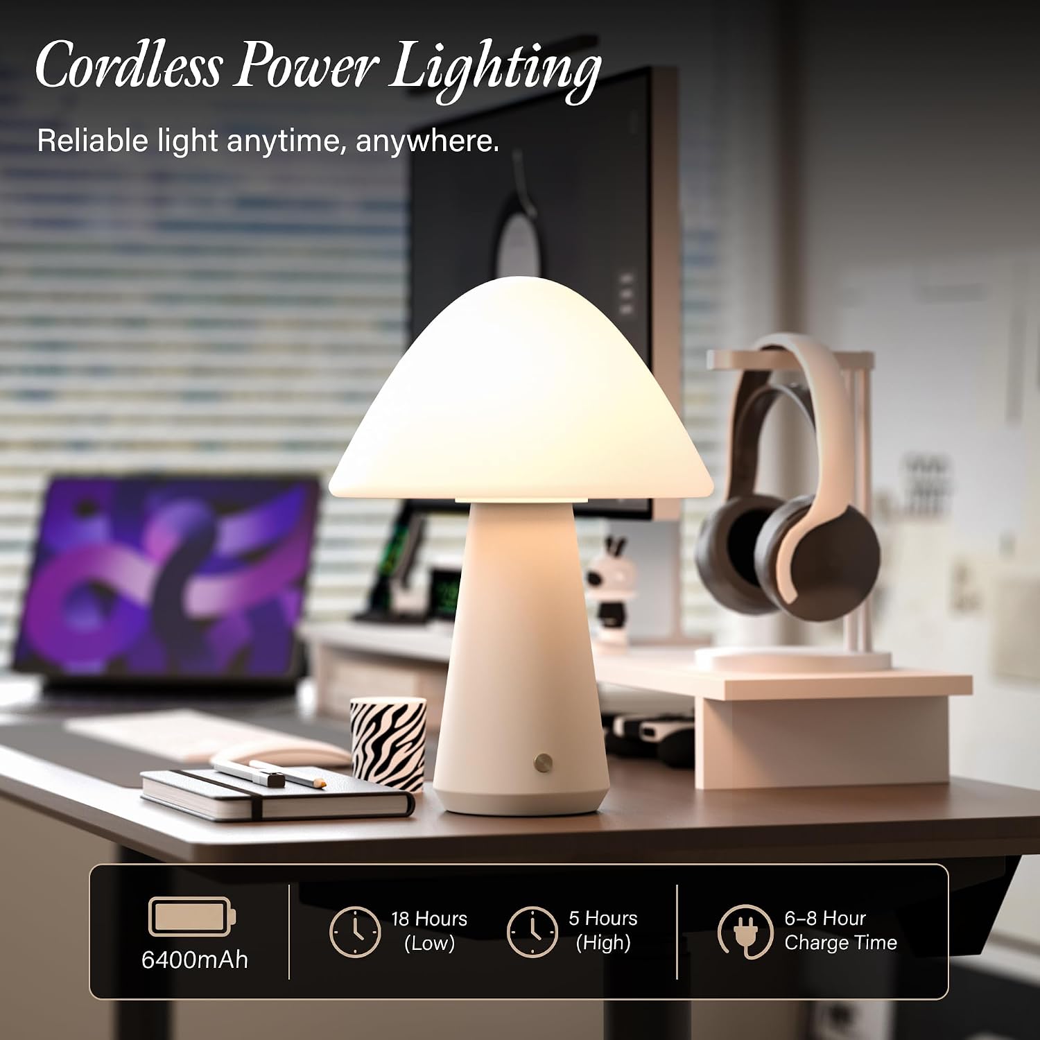 Bulbrite K70600 Kibun Mushroom Rechargeable Cordless LED Table Lamp, 3-Levels Brightness Touch Sensor Control, Off White