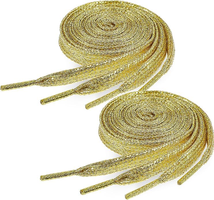 TIESOME 2 pares de cordões dourados roxos, 120 cm de comprimento, 9 mm de largura, metálicos, brilhantes, para sapatilhas desportivas e sapatilhas de desporto