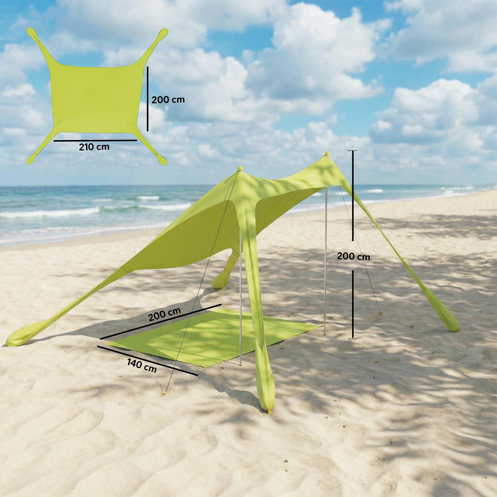 Outsunny Tenda da spiaggia pieghevole 208 x 200 cm, tenda da spiaggia portatile per 2-4 persone con tappetino, UPF50+, pali in alluminio, pala, picchetti e borsa per il trasporto impermeabile, per