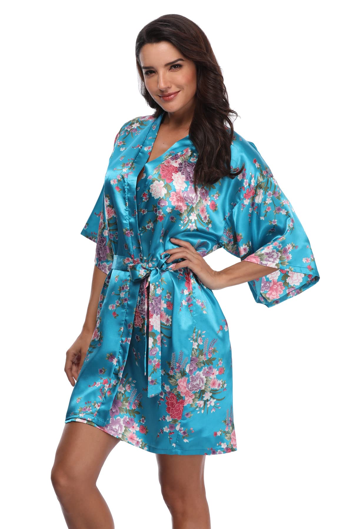 Super Shopping-zone Womens Floral Short Satin Bridesmaid Robes Silky Bride Robes Getting Ready