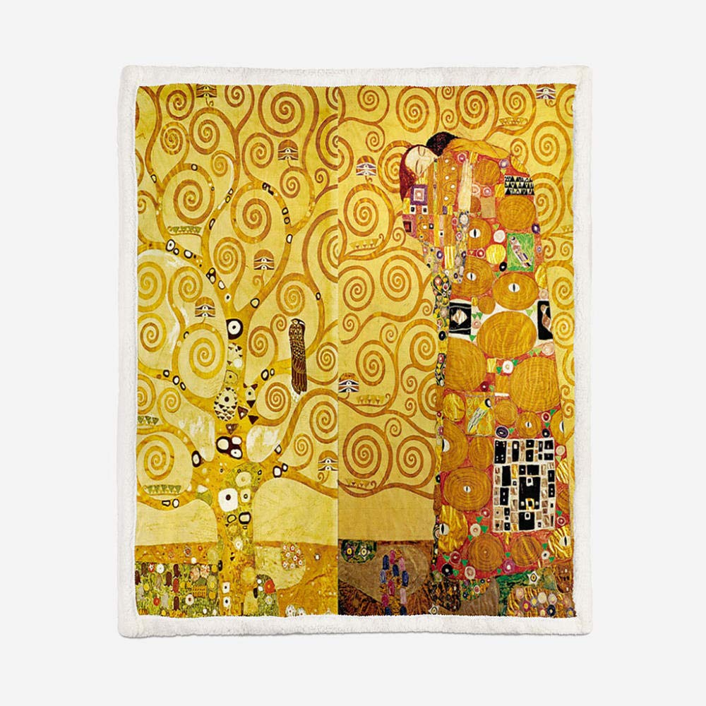 JIAMELUCK Gustav Klimt Il bacio Stampa artistica Coperta in flanella Morbida e resistente Coperta da tiro per poltrona Divano letto Copriletto da campeggio 100x100 cm