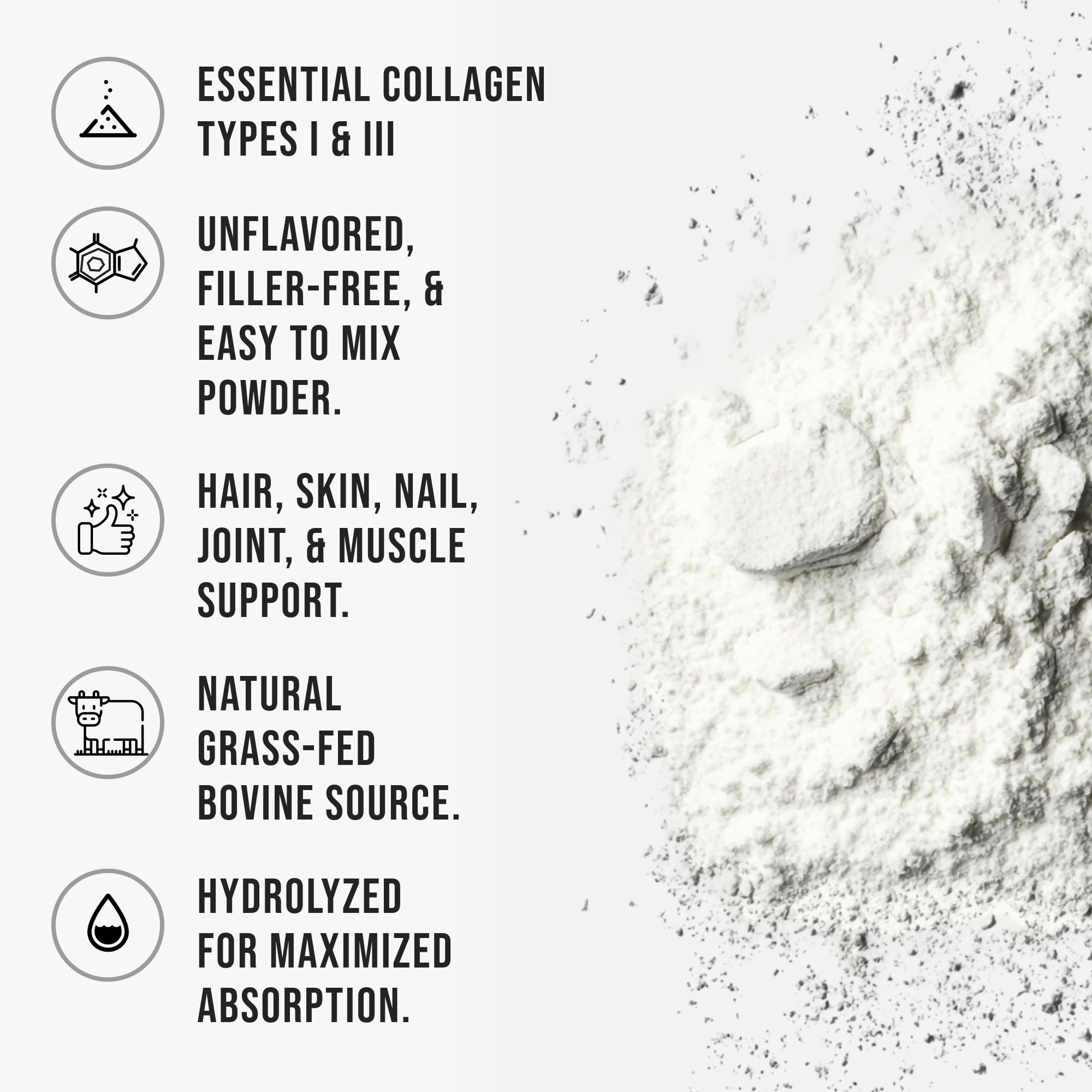 Bovine Collagen Peptides Powder Hydrolyzed Type I & III Protein, Grass-Fed Pasture-Raised Source, Unflavored Collagen Supplement Paleo-Friendly For Active Lifestyles & Wellness Non-GMO,1.16 lb (525g) — Amazon image 3