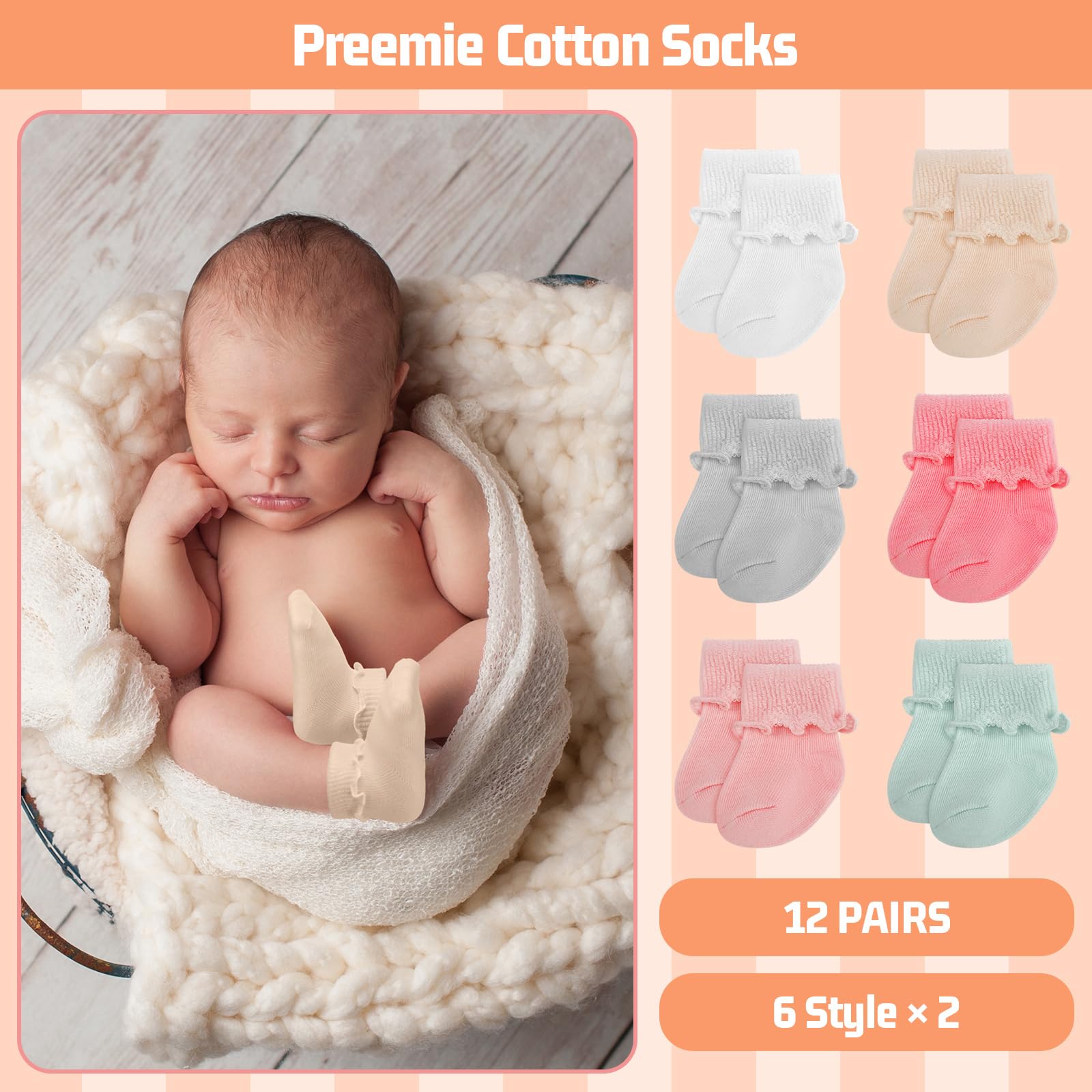 Toulite - 12 pares de calcetines de algodón para niñas y niños, calcetines con volantes prematuros para niños y niñas