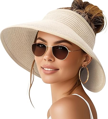 NPQQUAN Sun Visor Hats for Women Wide Brim Ponytail Straw Beach Hat Packable Foldable UPF 50+ Floppy Travel Hats