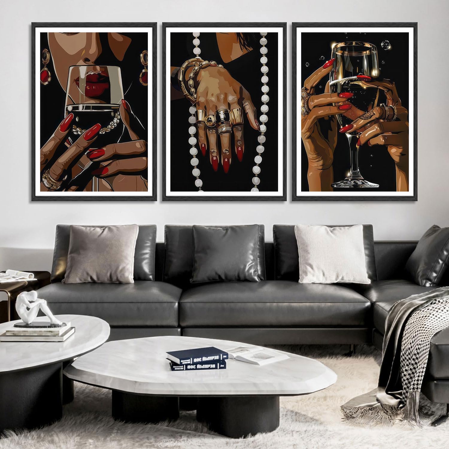 3Pcs Fashion Black Woman Canvas Wall Art African American Vogue Black Girl Wall Decor Picture Fashionable Gorgeous Beautiful Black Woman Posters Prints for Living Room Bedroom Home Decoration Unframed