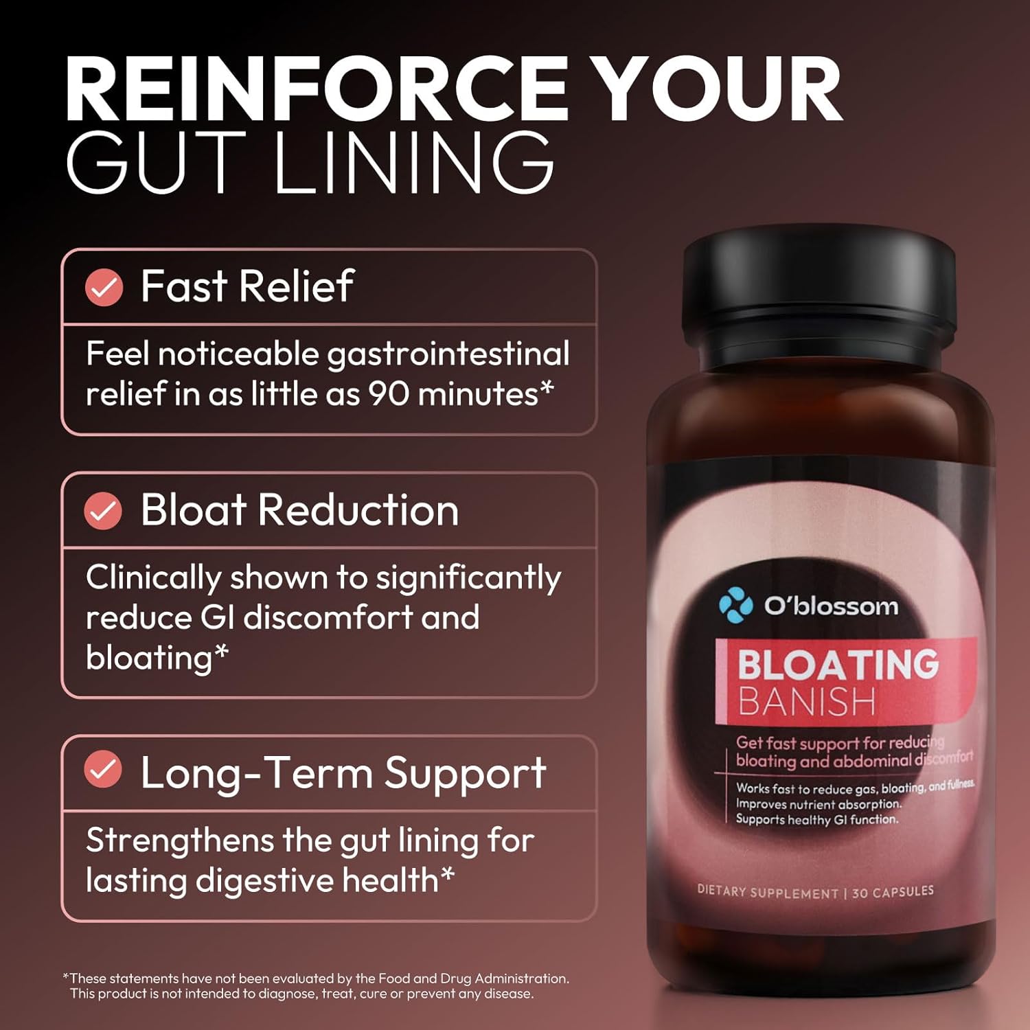 O'blossom Bloating Banish with Benegut - Gut Health for Women, Patented Probiotics for Digestive Health, Clinically Studied Relief in 90 Minutes, Supports Gut Lining Integrity