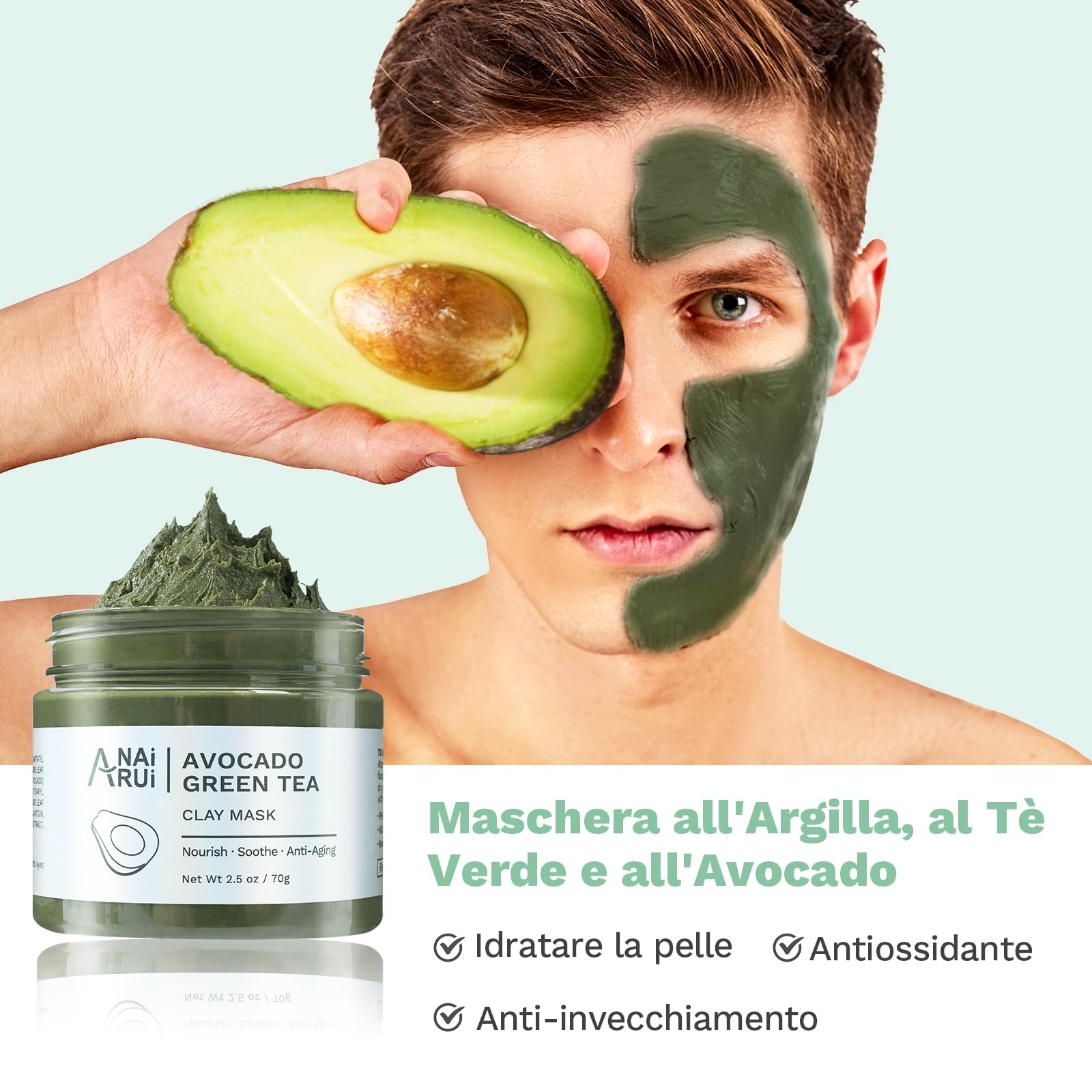 ANAiRUi Maschera Viso Curcuma Vitamina C - Maschera Argilla Viso Rosa - Maschera Fango e Tè Verde Avocado, Rimozione Punti Neri e Pori Dilatati, Pulizia Viso, Purificante e Idratante, 210g