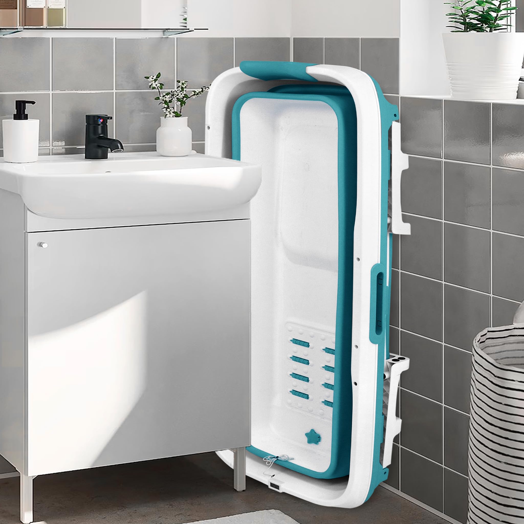 LARS360 Badewanne Erwachsene Faltbare 149 x 64 x 54 cm Klappbare Mobile Badewanne mit abnehmbare Abdeckung, Thermometer, Massagerollen Lagerregal, Kissen, Blau