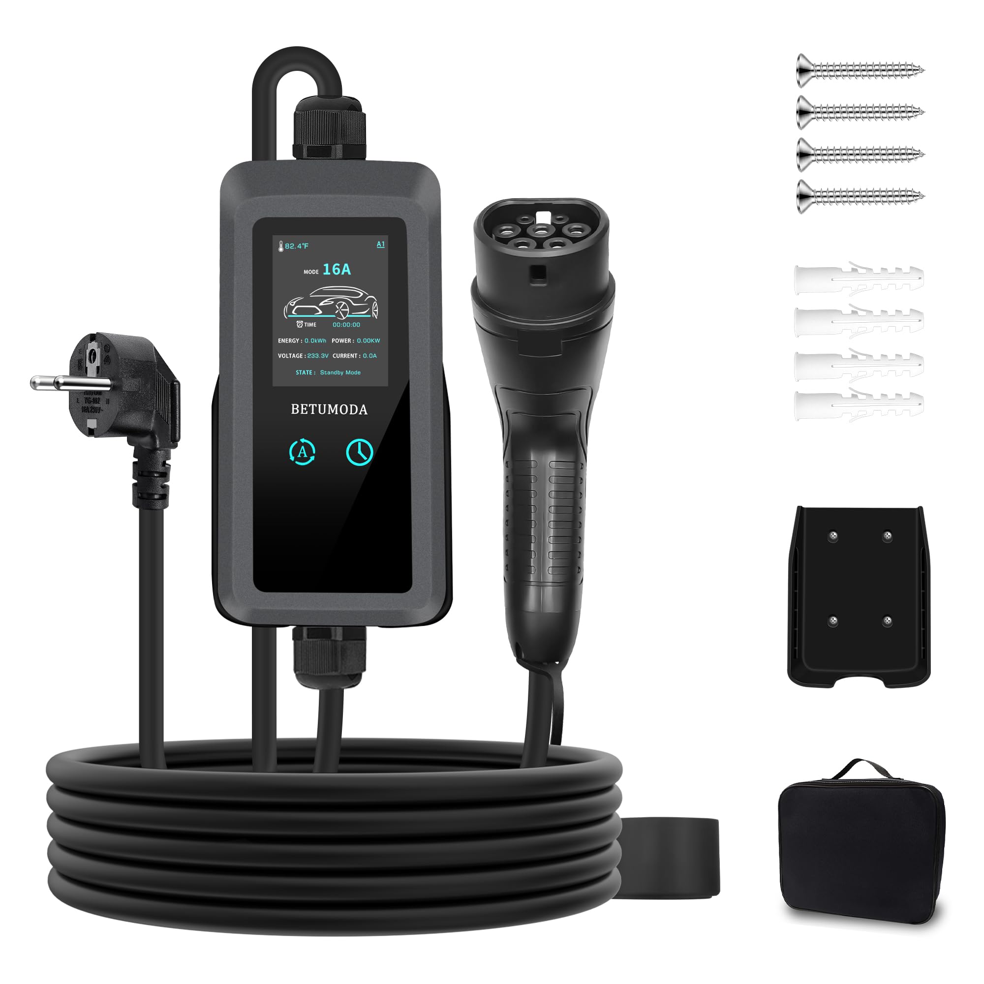 Typ 2 Schuko EV Charger 3,68kW | 8–16A Einstellbar, 6.8m | Tragbares Ladekabel Elektroauto, Mobile Wallbox mit LCD Display, Wasserdicht IP65, Für PHEV & EV IEC 62196-2