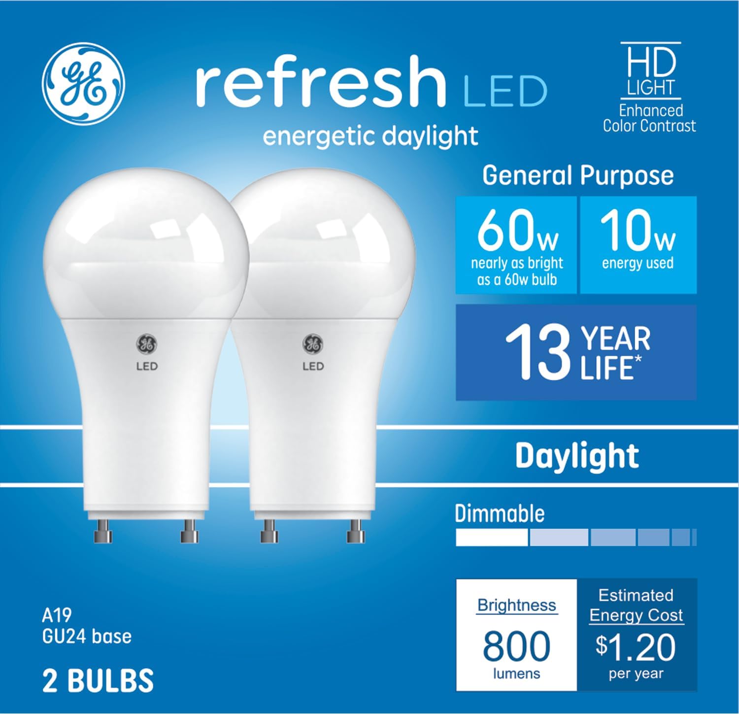 GE Refresh HD LED 60 Watt Replacement, Daylight, A19 General Purpose Bulbs (2 Pack)