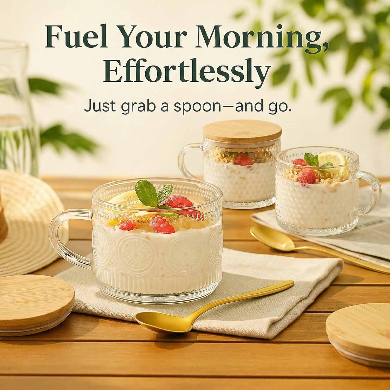 JBHO Vintage Glass 14OZ Coffee Mugs 4pcs Clear Embossed Glass Cups with Bamboo Lids and Spoons Gifts for Women Overnight Containers for Tea,Cereal,Cappuccino, Latte