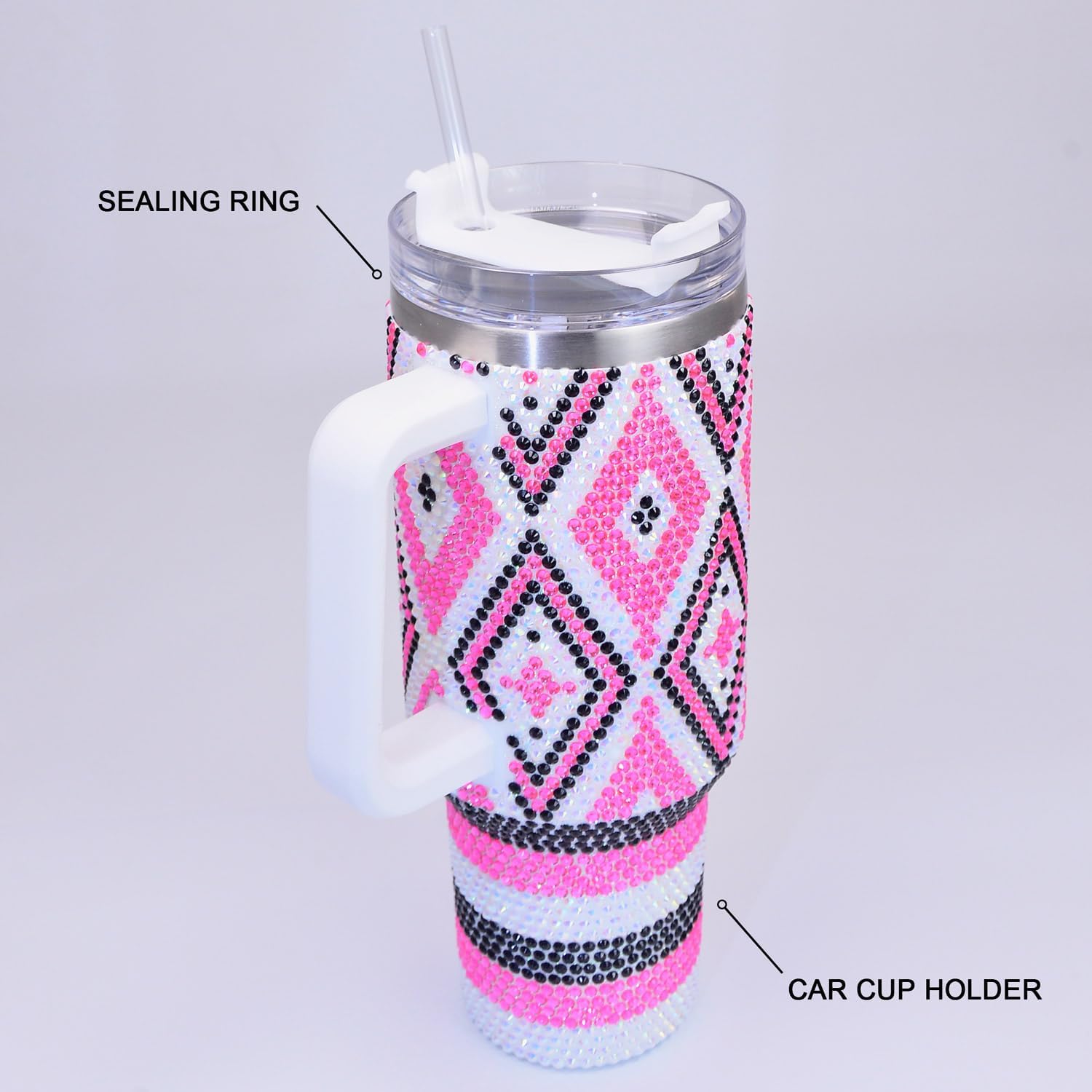 40 oz Pink Diamond Bling Rhinestone Stainless Steel Sippy Tumbler Glitter Vacuum Insulated Water Bottle with Straw & Lid &Handle,Sparkle Car Cup Holder,Keeps Cold 12 Hours Drinks,Coffee - Image 4