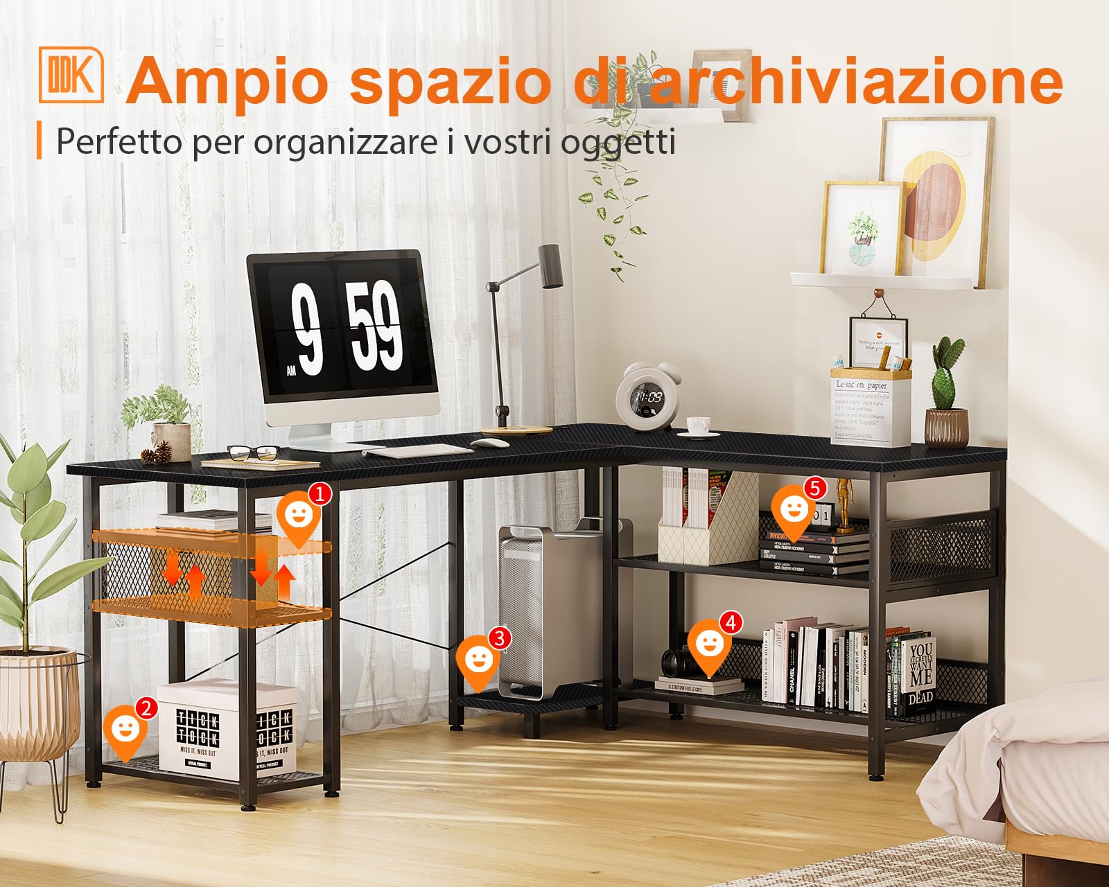 ODK Scrivania Gaming ad L con Design Reversibile, Scrivania con Ampio Spazio di Archiviazione, Scrivania ad Angolo con 2 Prese e 2 Porte USB, Fibra Di Carbonio Nera, 150×102 cm
