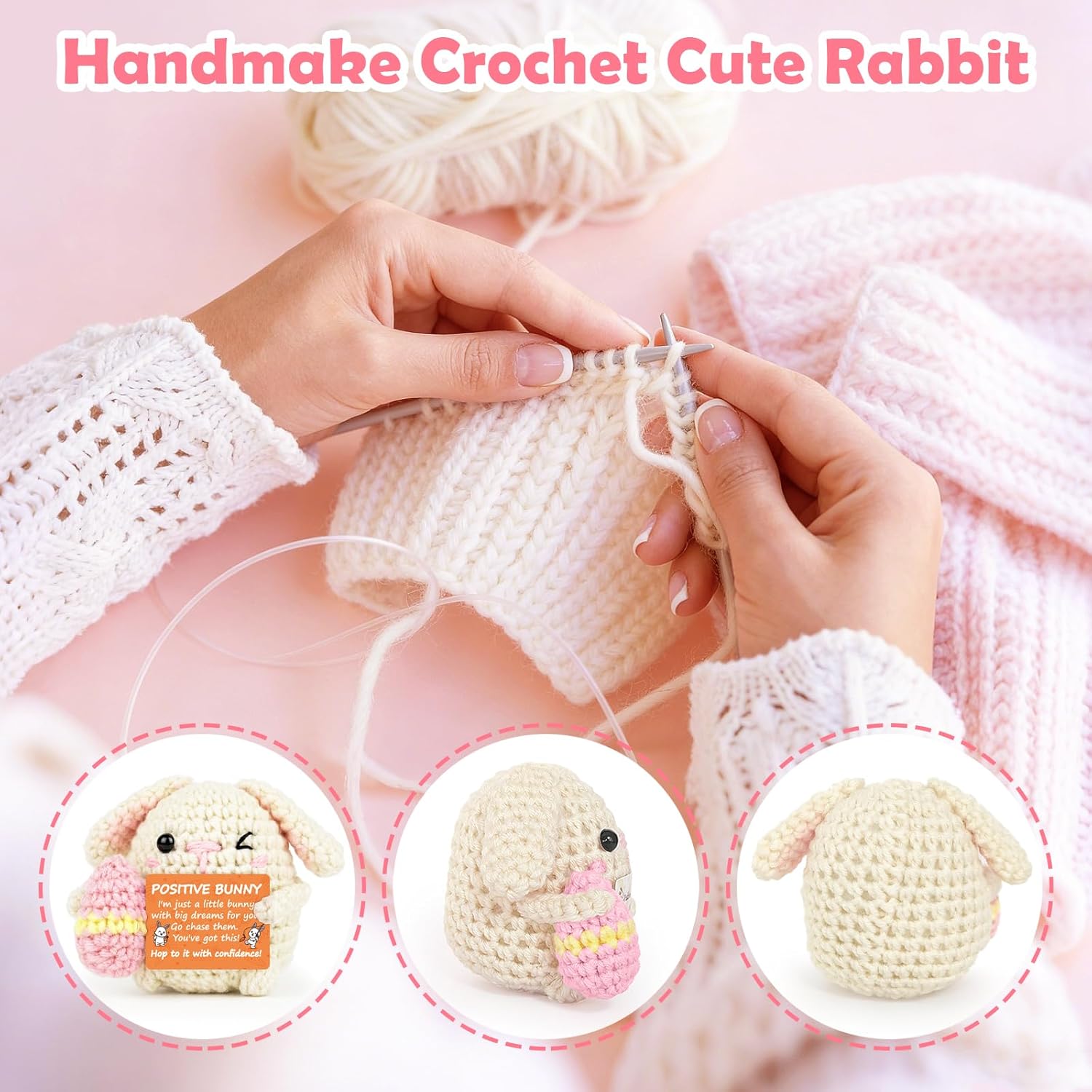 Positive Crochet Lop Ear Bunny Easter Basket Stuffer with Gift Box - Funny Birthday Gifts for Women Men - Emotional Support Plush Easter Egg Filler Desk Decor Graduation Teacher Appreciation