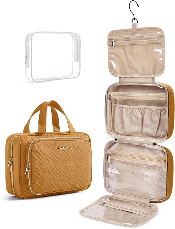 Necessaire BAGSMART suspensa para viagem com organizador de maquiagem e bolsa cosmética transparente Stone Khaki