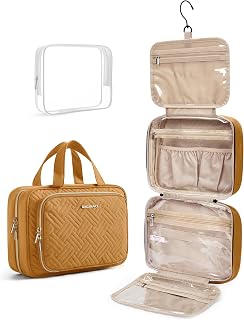 BAGSMART Toiletry Bag Hanging Travel Makeup Organizer with TSA Approved Transparent Cosmetic Bag Makeup Bag for Full Sized Toiletries(Stone Khaki)
