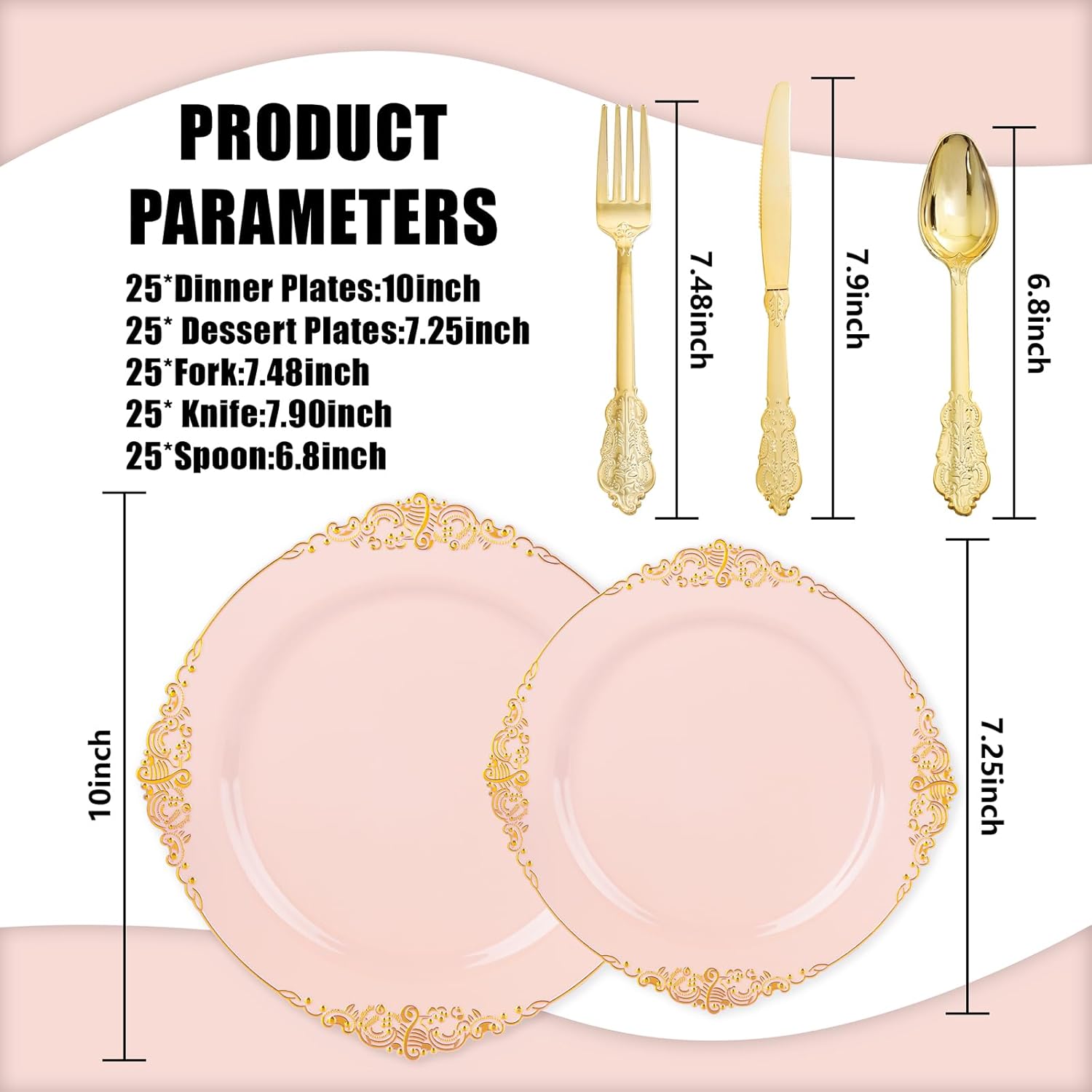 125PCS Pink and Gold Plastic Plates - Pink Disposable Plates - Vintage Plate with Gold Plastic Silverware Set for 25 Guests for Weddings Baby Shower Parties - Image 3