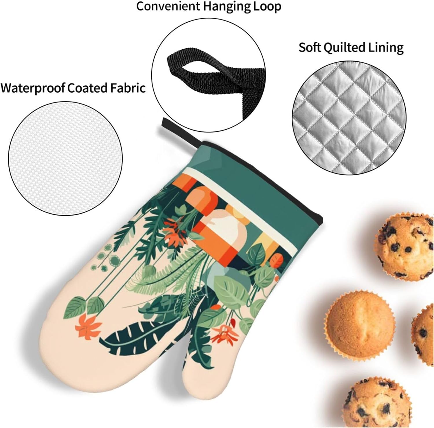 Cartoon small green plant Oven gloves and heat-resistant mat 4-piece set. Suitable for grilling, microwave oven frying, and baking