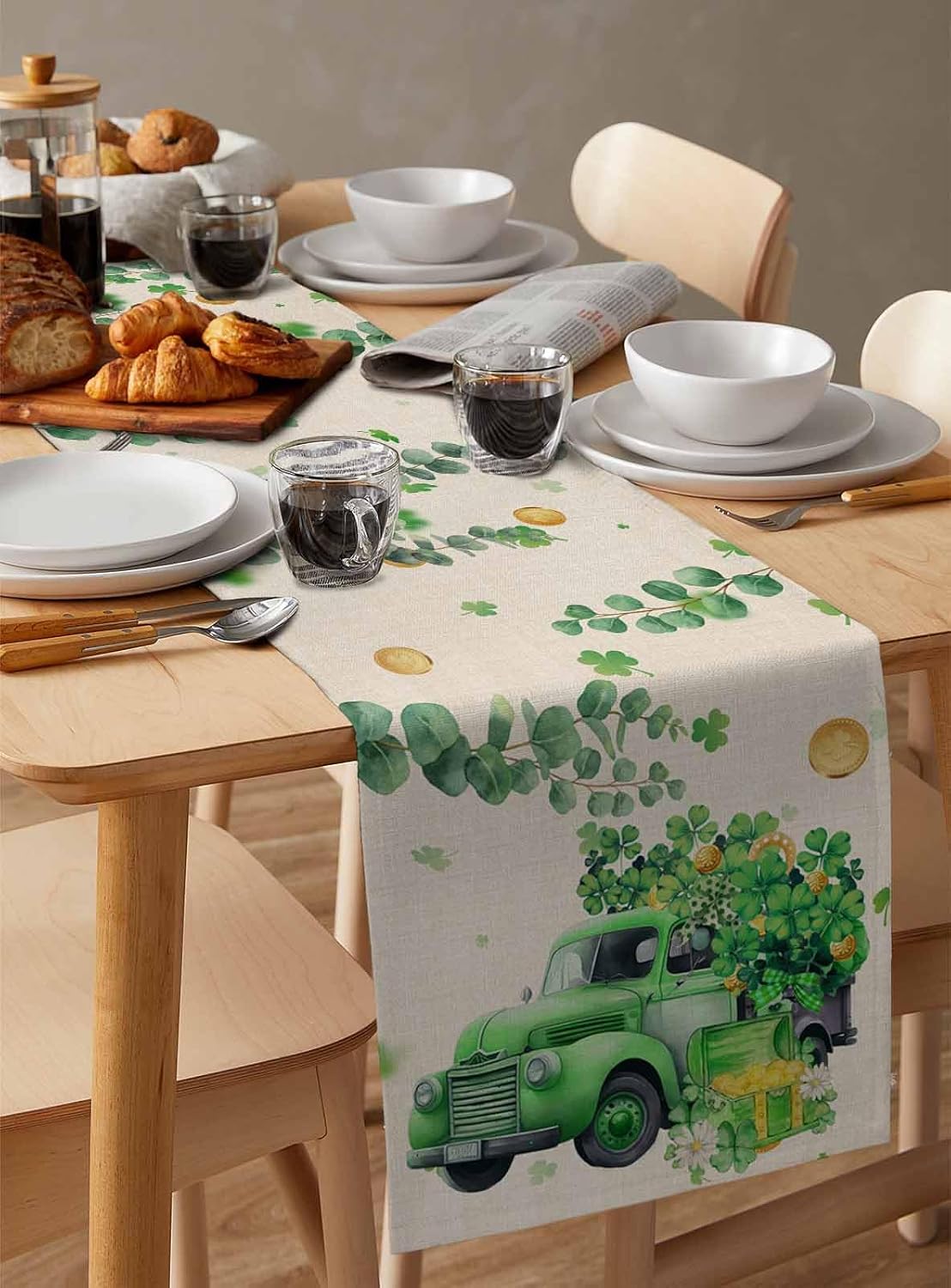 Lucky Shamrock Clover Cotton Table Runner, St. Patrick's Day Retro Green Truck Shamrocks Eucalyptus Leaves Tablecloth Irish Spring Gold Coins Grass Green Eucalyptus Leaves Table Runner 13 x 90 Inch