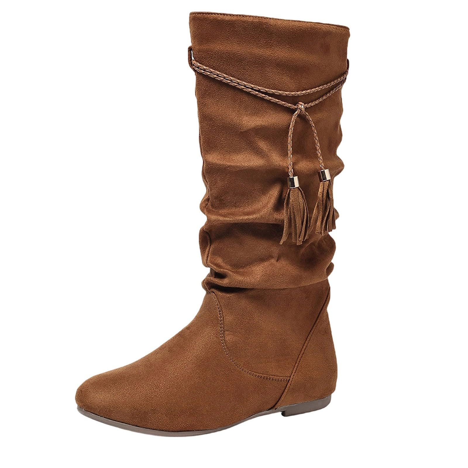 Bottes Mi-Mollet Femme en Suédine, Franges Bohèmes, Bout Rond, Talon Plat