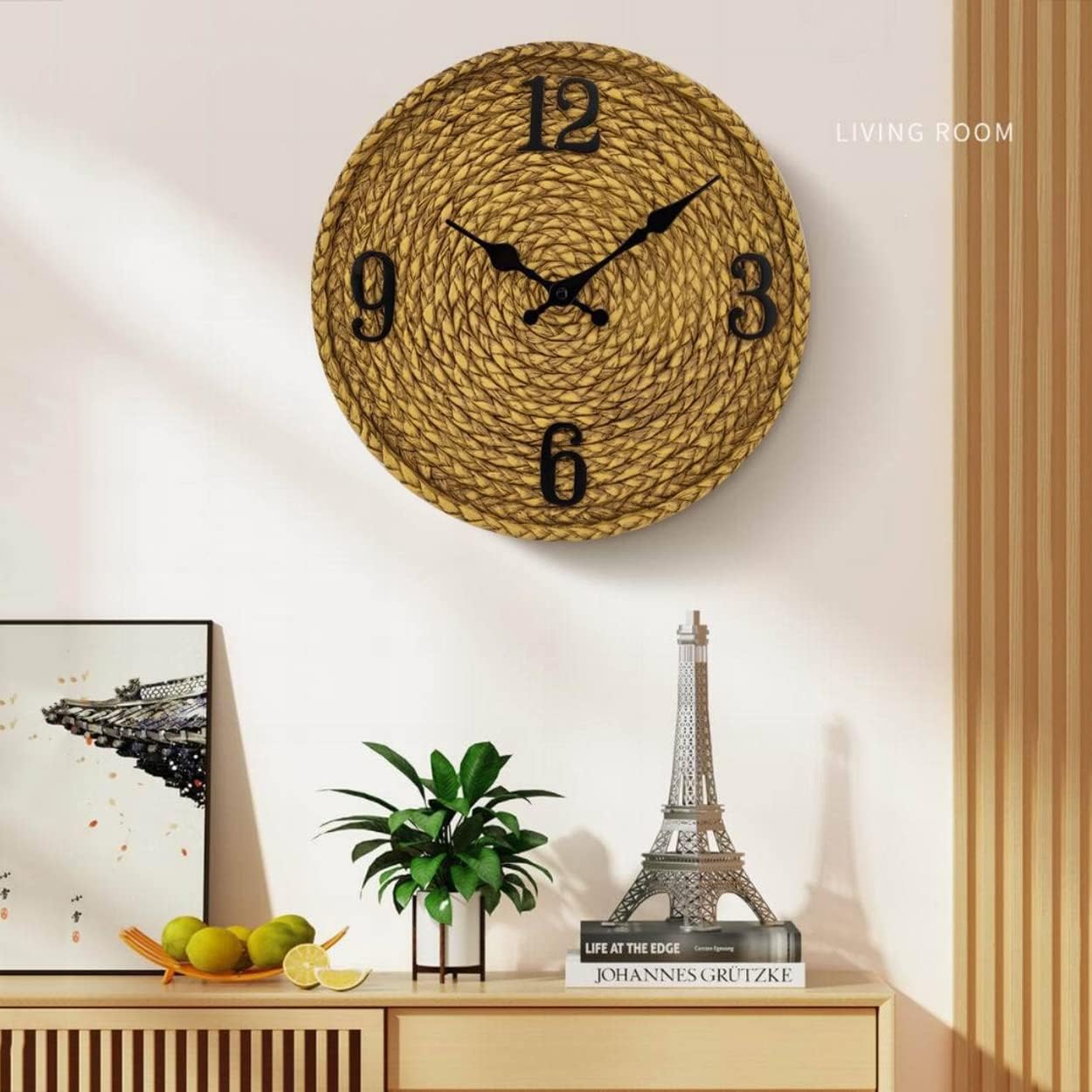 LANGWEI Outdoor Wall Clock, 12In Non Ticking Vintage Faux Rattan Resin Waterproof Wall Clock, Battery Operated Clocks for Living Room, Patio