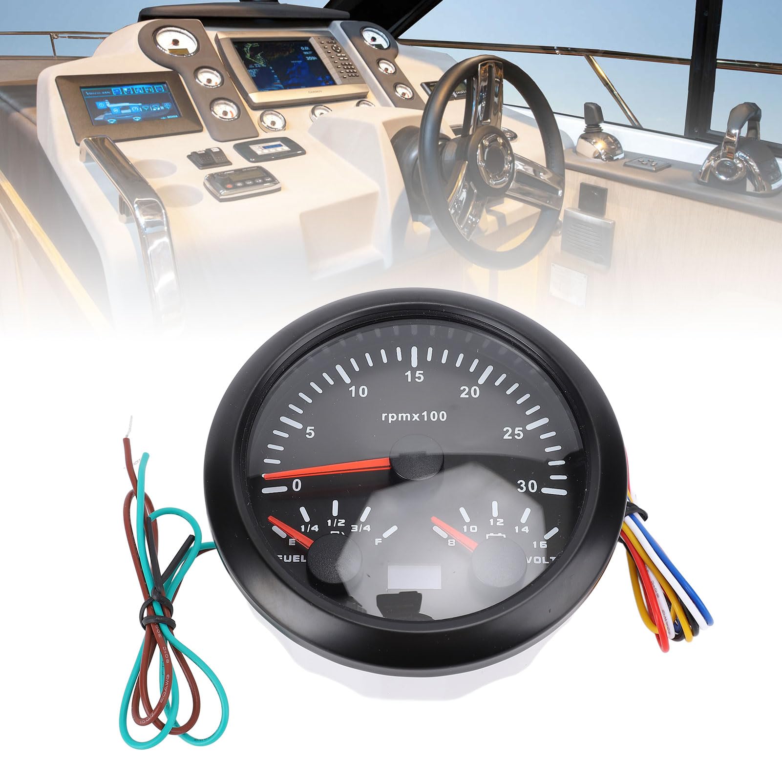 Tachometro Marino 85 Mm, Calibro Voltmetro del Carburante 3 in 1 con la Retroilluminazione di 7 Colori per la Barca per per Auto per Camion, Adatto Alla (Black Dial Black