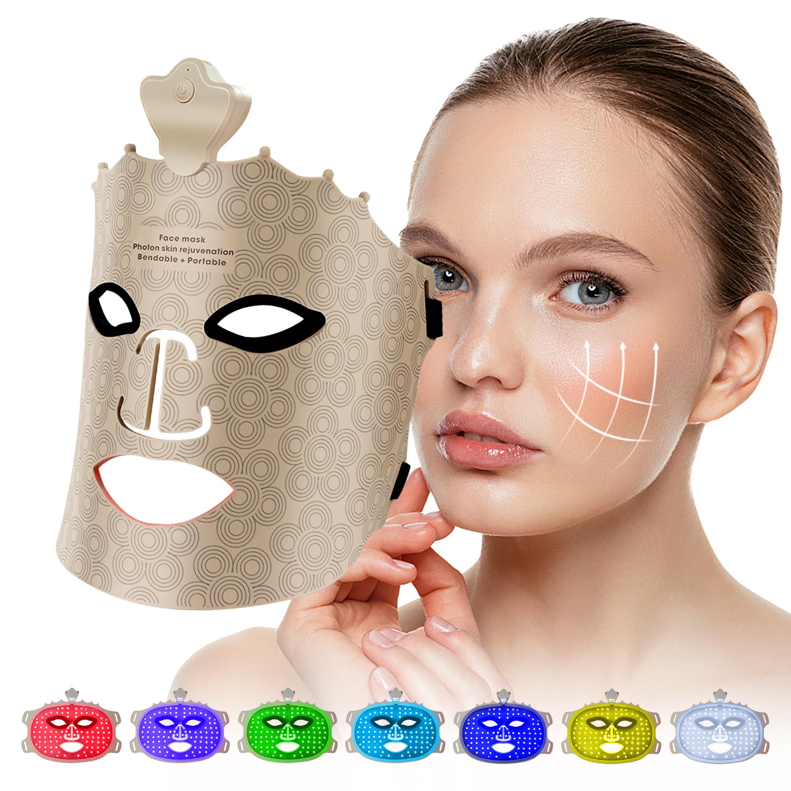 Masque facial à LED avec lampe à lumière rouge, 7 couleurs, LED, pour le visage et la peau, appareil de soin pour tous les types de peau, raffermissement du visage, rajeunissement, Marron