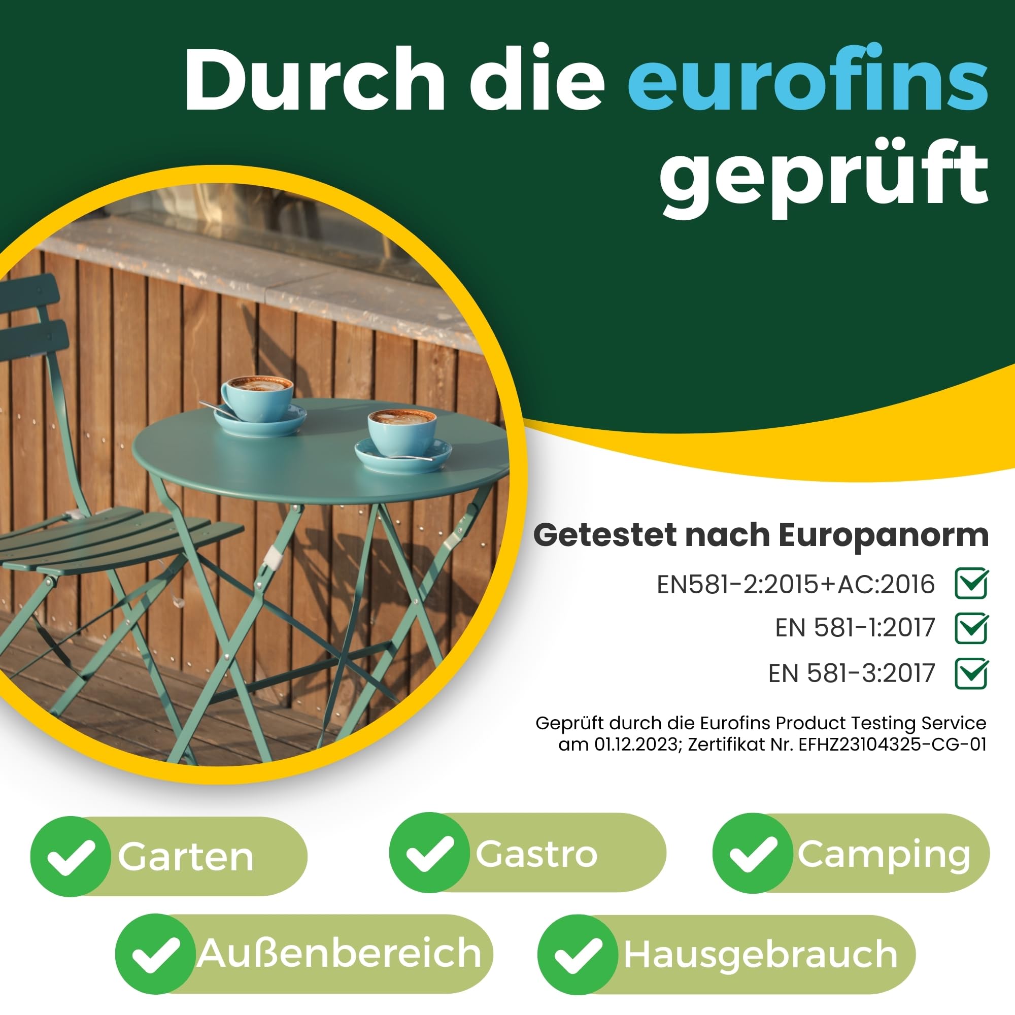 ALBATROS Set da bistrot 3 pezzi verde – tavolo da bistrot con 2 sedie – sedie pieghevoli e tavolo in metallo robusto – ideale come set di mobili da balcone o mobili da giardino dal design moderno