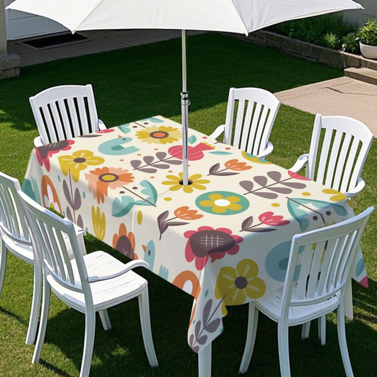 Chickwin Tovaglia Rettangolare Impermeabile Antimacchia 230x150cm con Foro Ombrellone, Motivo Floreale Girasole, per Tavolo Giardino