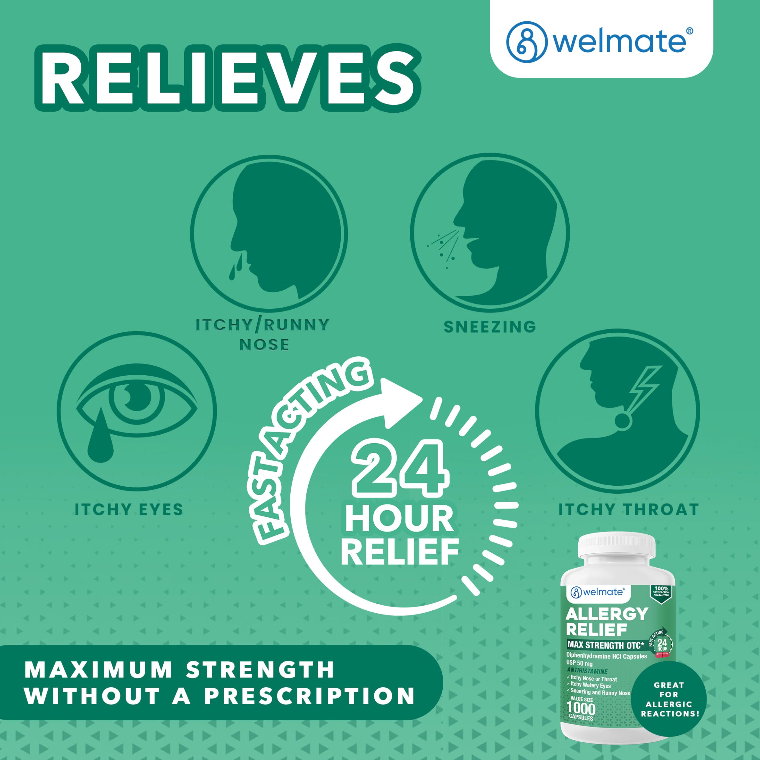 WELMATE Diphenhydramine HCl 50mg, Extra Strength Allergy Medicine, 1000 Ct — Amazon image 5