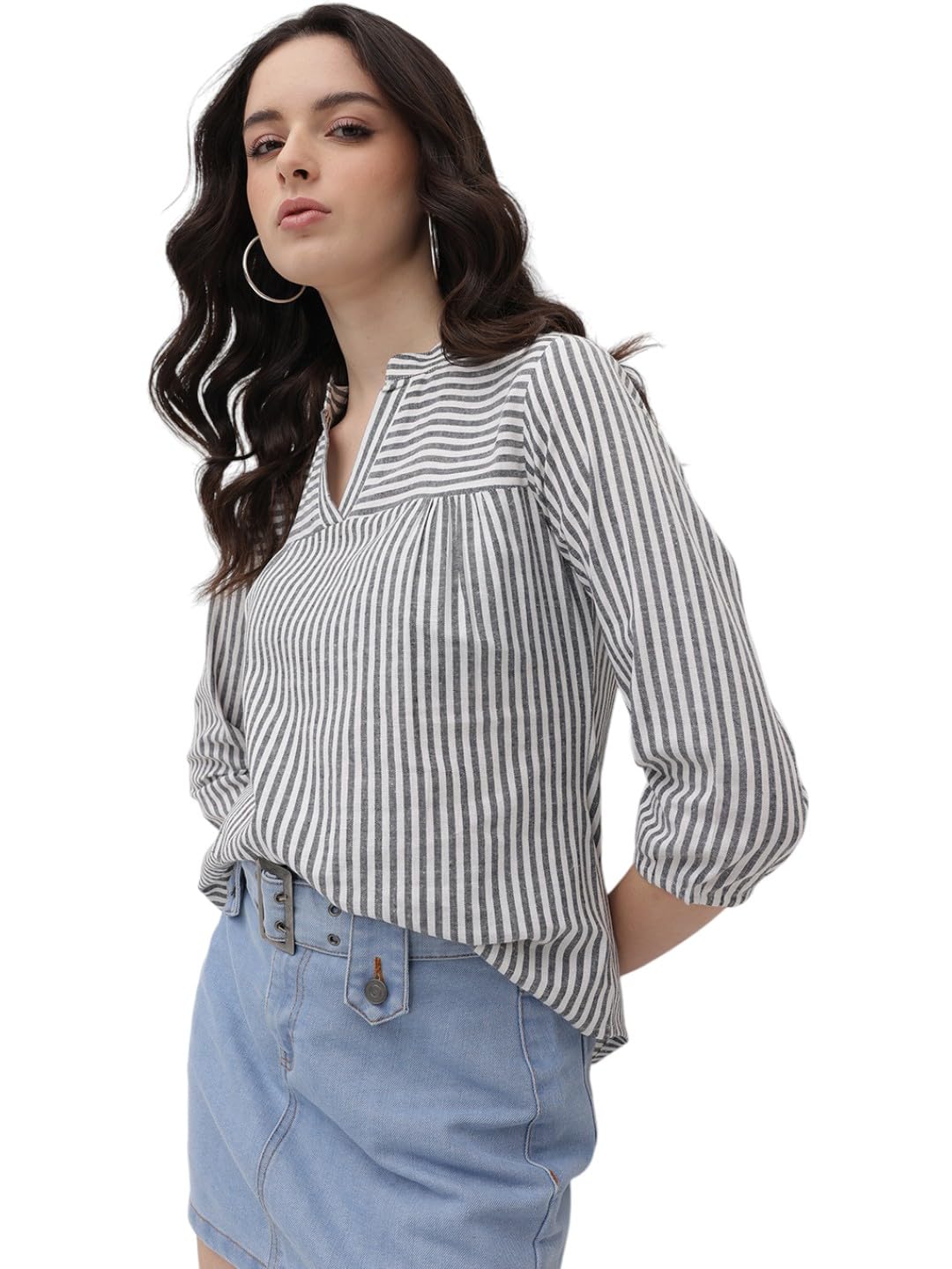 cottinfab Grey and White Striped Mandarin Collar Cotton Top-picture-49