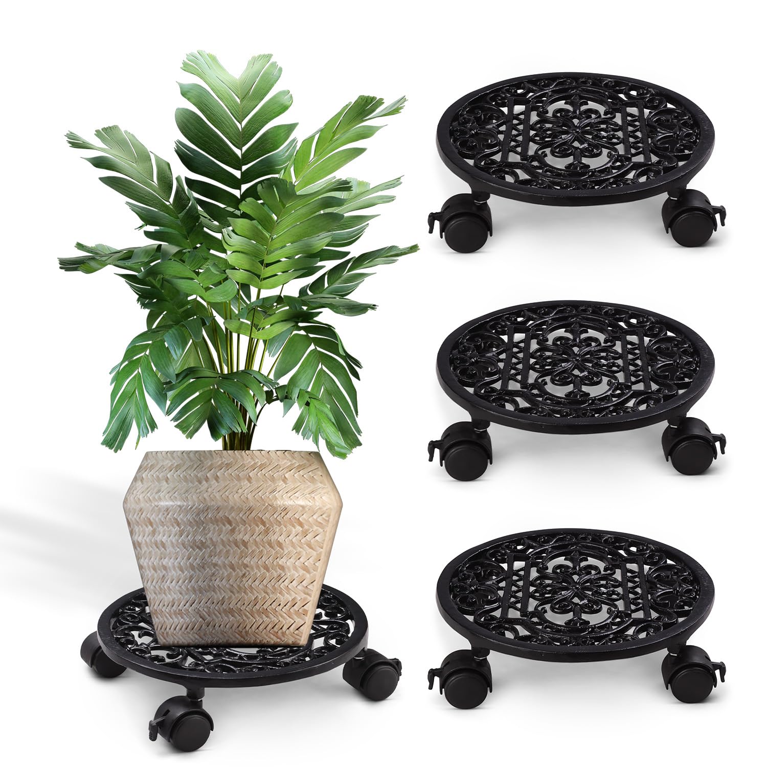 Sharpex Heavy Duty Plant Pot Trolley with Wheels | 4 PC Round Plant Stand with Wheels for Indoor & Outdoor Pots, Rolling Wheels Metal Potted Plant Holder for House, Garden & Patio (Black, 4 Piece) (B0D3DMGSNC) Amazon Price History, Amazon Price Tracker