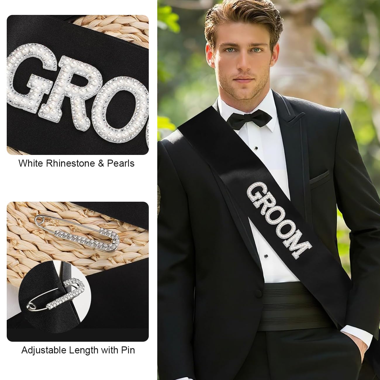 Bride and Groom Sash Set - 3D Rhinestone & Pearl Bachelorette Party Sash with Rhinestone Pin for Wedding Bridal Shower Favors and Engagement Decorations (White and Black) - Image 4