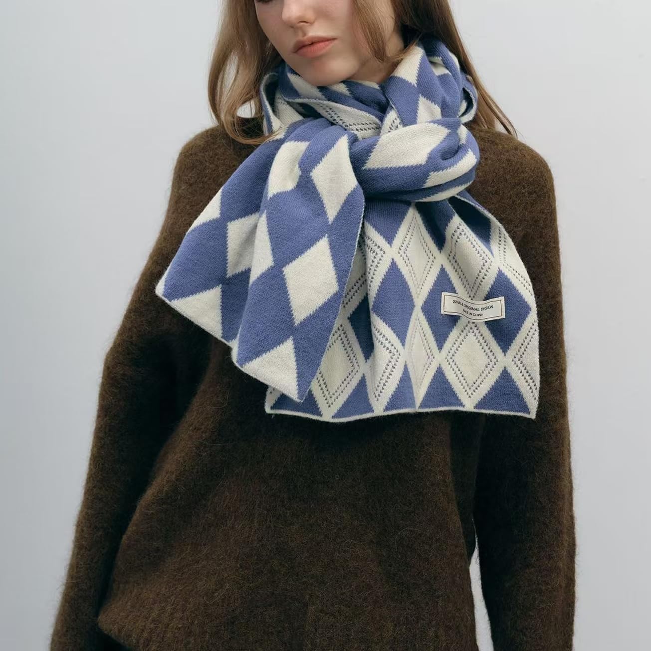 Fashion Argyle Pattern Scarves for Women Fall Winter Plaid Knit Scarf Soft Cold Weather Warm Y2k Accessories
