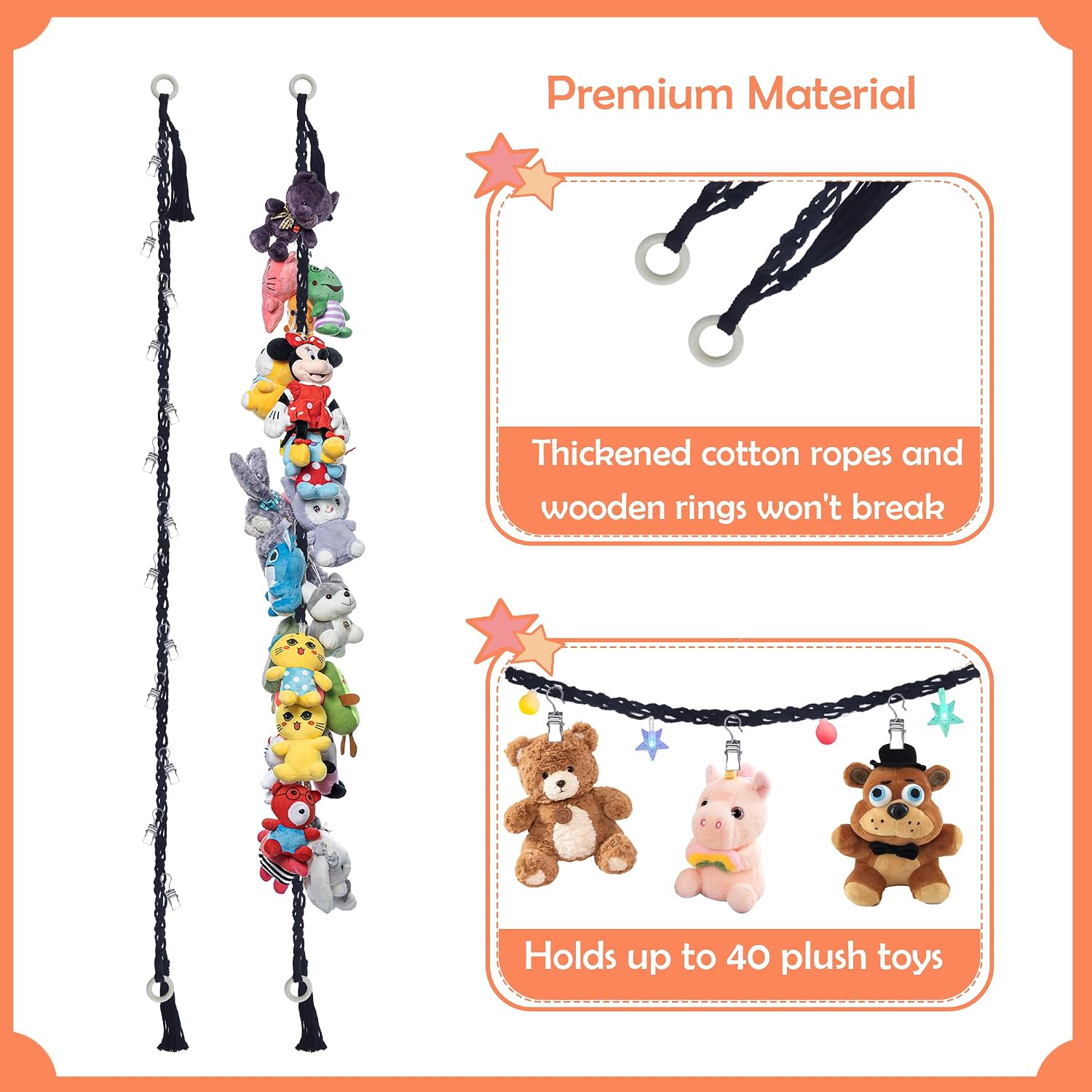 2PCS Stuffed Animals Storage Chain Organizers 80" Cotton Hanging Storage Chain with 40 Metal Clips Stuffed Animal Display Holder Chain for Wall or Corner Nursery Play Room (Black)