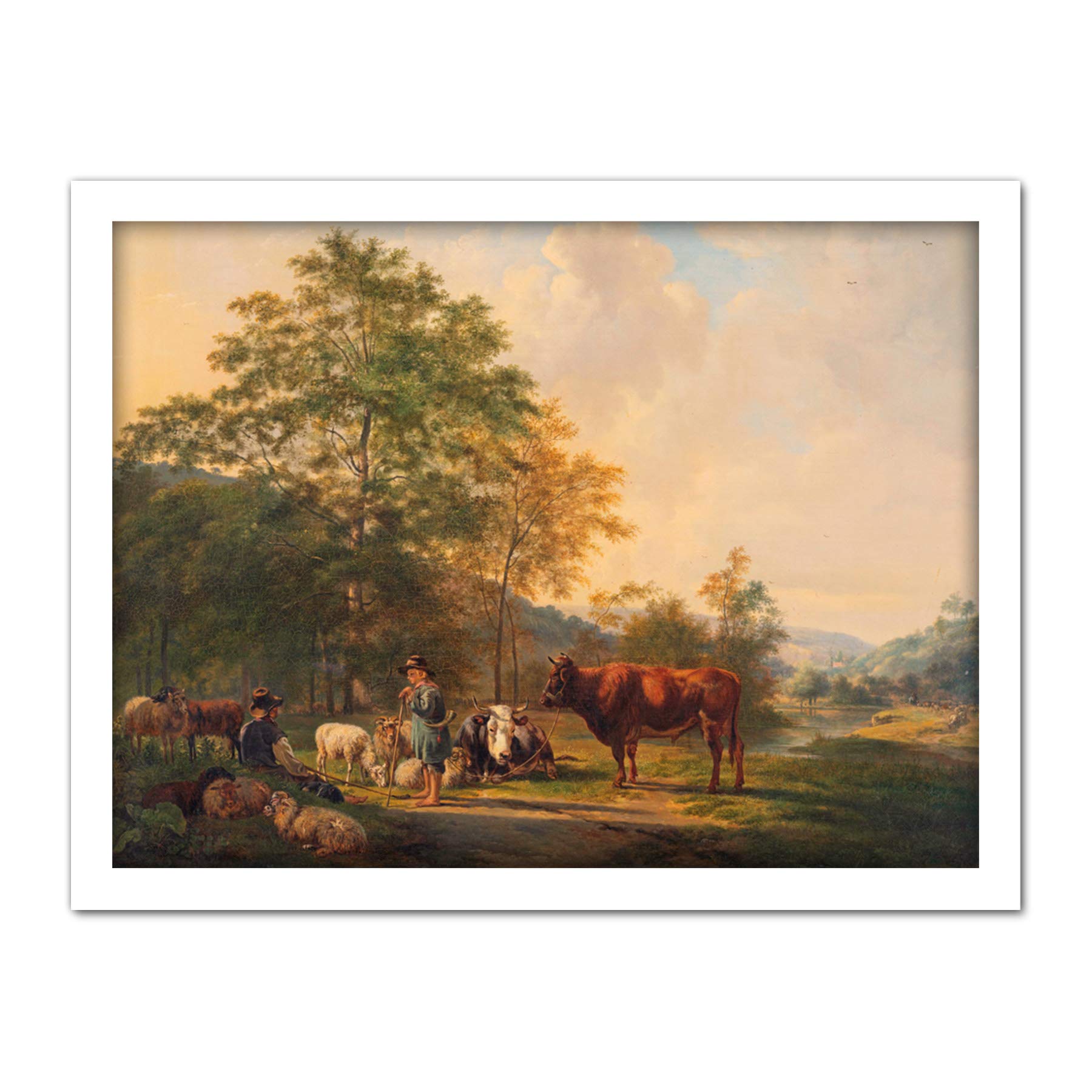 Artery8 Van Os Hilly Landscape Shepherd Cattle Painting Artwork Framed Wall Art Print 18X24 Inch
