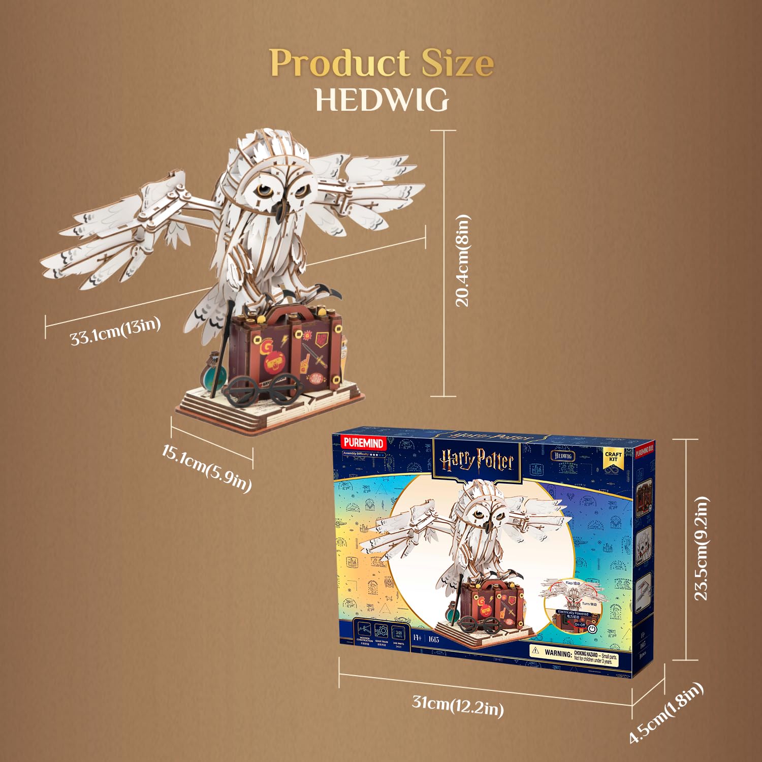PUREMIND Harry Potter Hedwiga, mechaniczne puzzle 3D, oficjalna licencja | Ruchome skrzydła, obracana głowa, szczegółowy model sowy, montaż bez pośpiechu, dekoracja na biurko lub do witryny